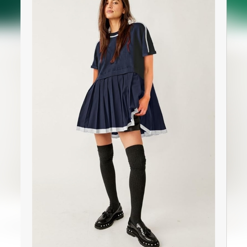 Casual Short Sleeve Crewneck T Shirt Dress Flowy Pleated Mini Dress - Picture 4 of 5